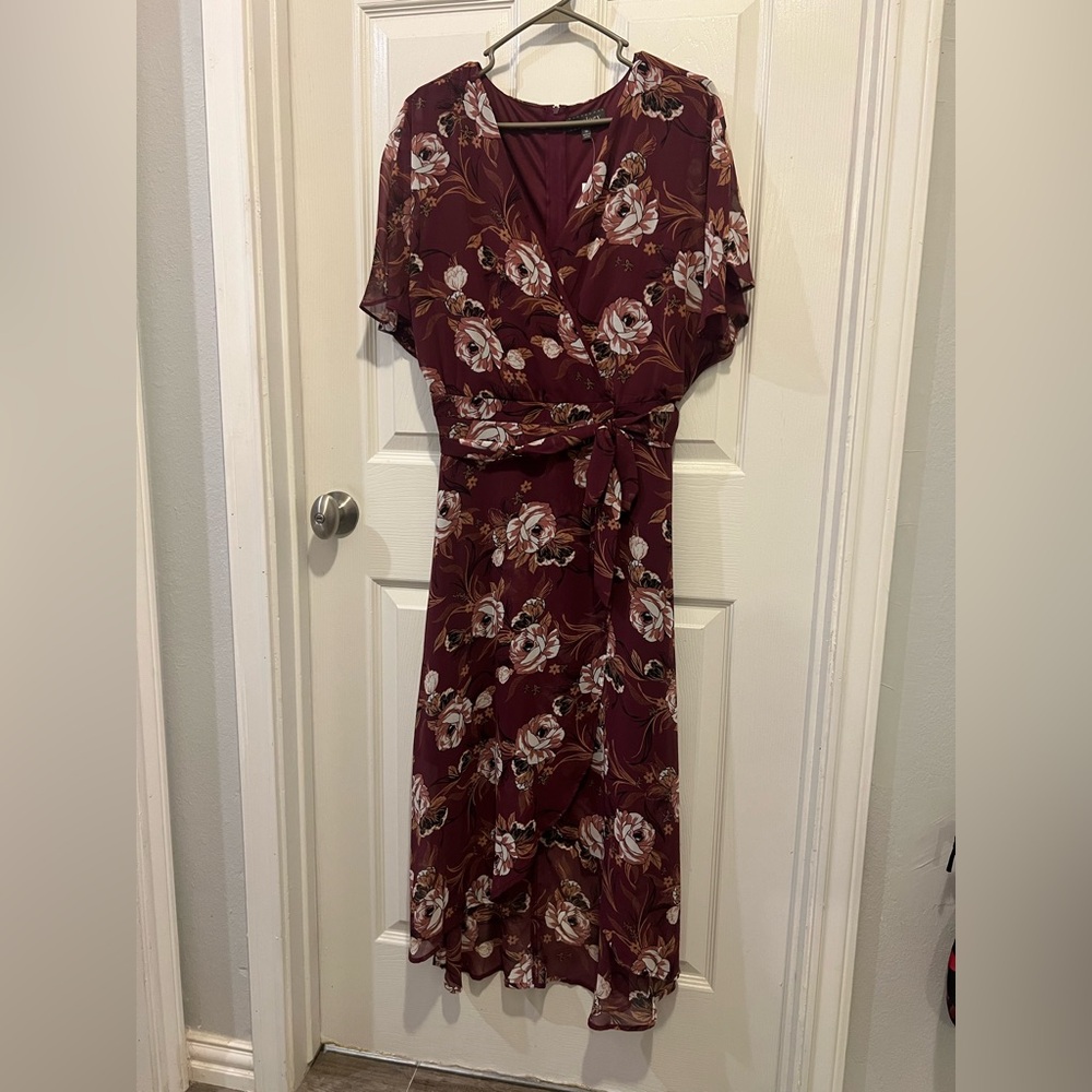 dressbarn Burgundy Floral Wrap Midi Dress with Tie Waist